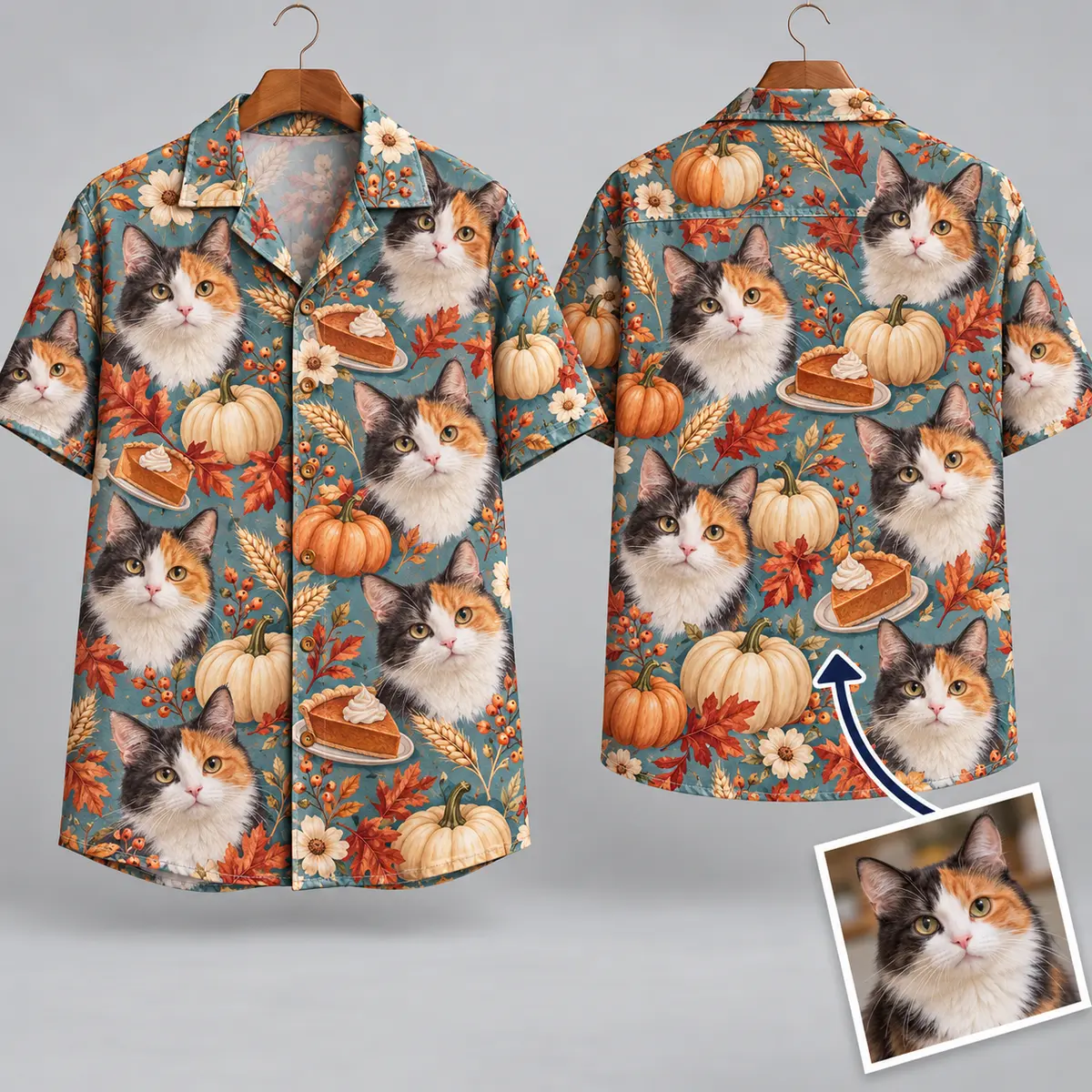 Calico Cat Thanksgiving Aloha Shirt with Pumpkins and Pie