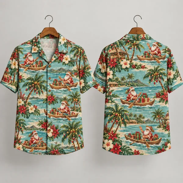 Canoe Santa Claus Hawaiian Shirt in Turquoise