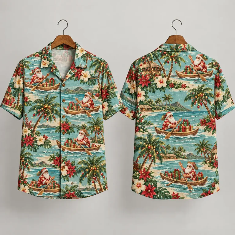Canoe Santa Claus Hawaiian Shirt in Turquoise