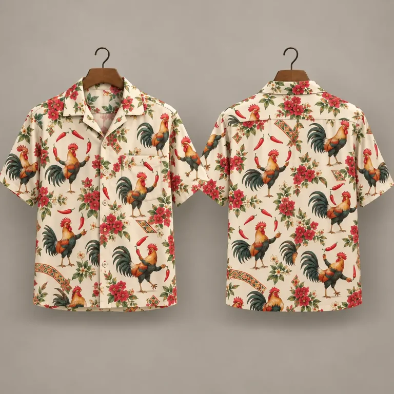 Chili Pepper Rooster Hawaiian Shirt – Cream Floral Pattern