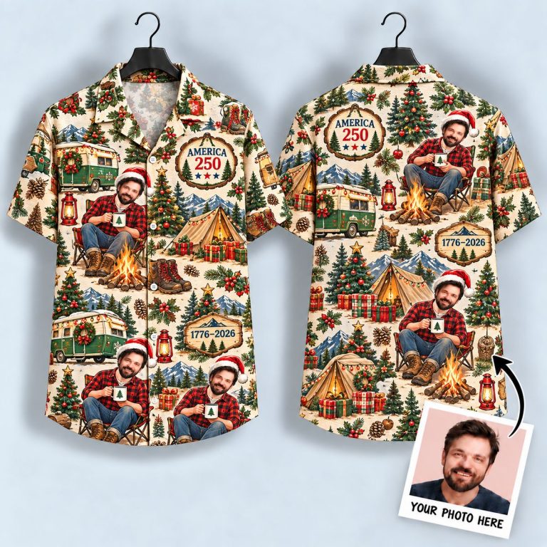 Christmas Camping Hawaiian Shirt – Santa Hat Camper Van & Campfire America 250 Design