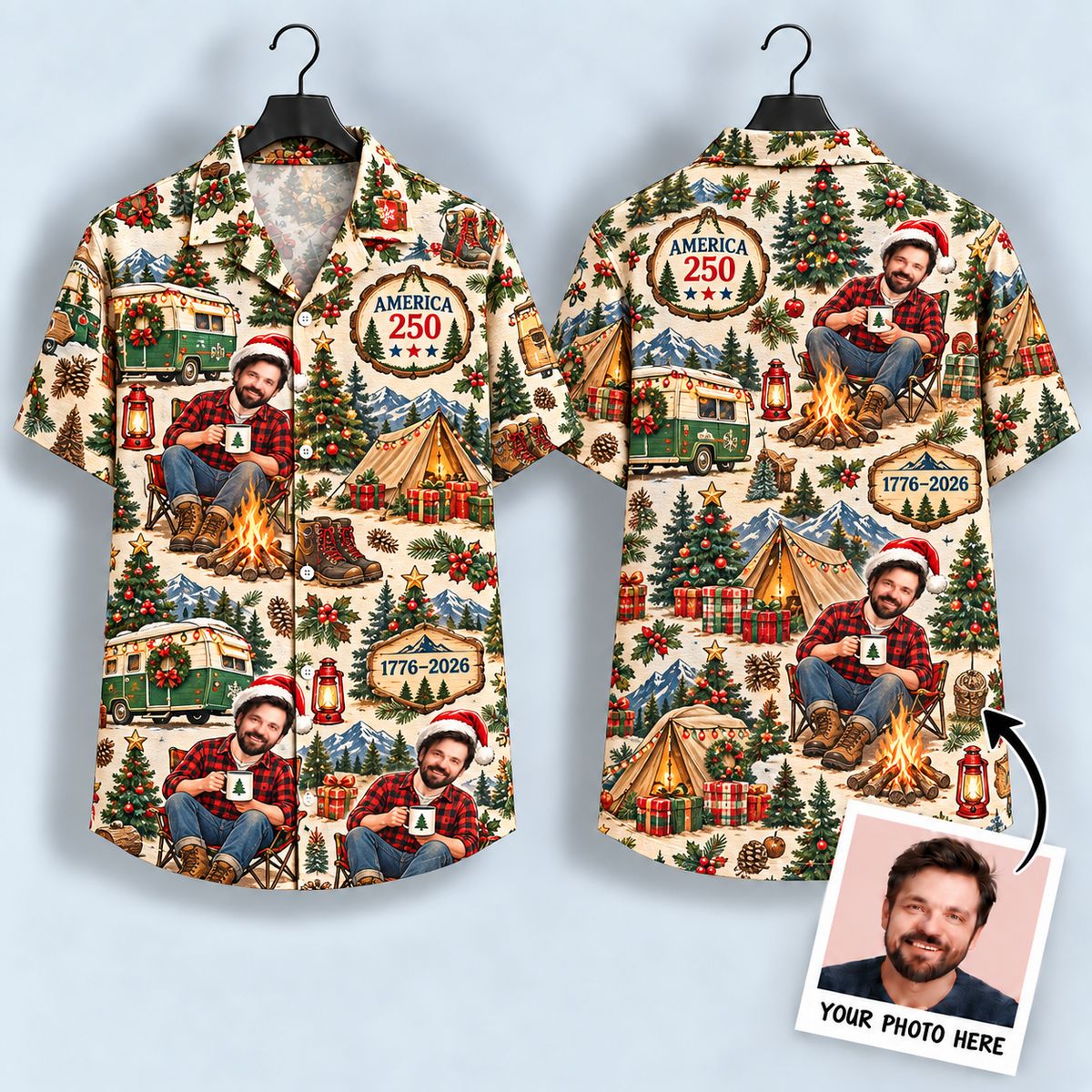 Christmas Camping Hawaiian Shirt – Santa Hat Camper Van & Campfire America 250 Design