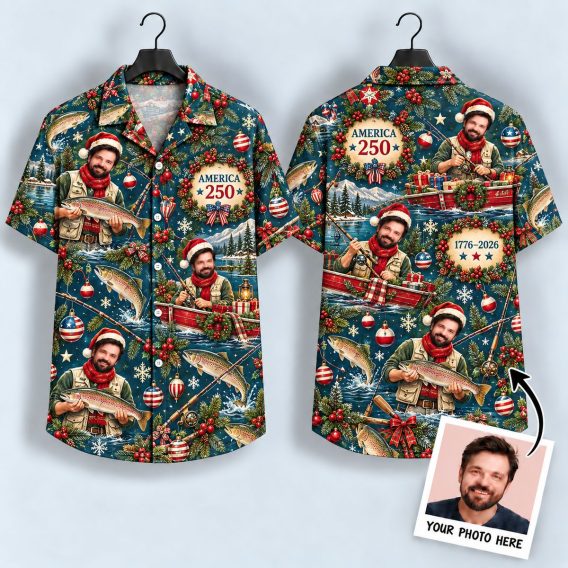 Christmas Fishing Hawaiian Shirt – America 250 Santa Angler All-Over Print