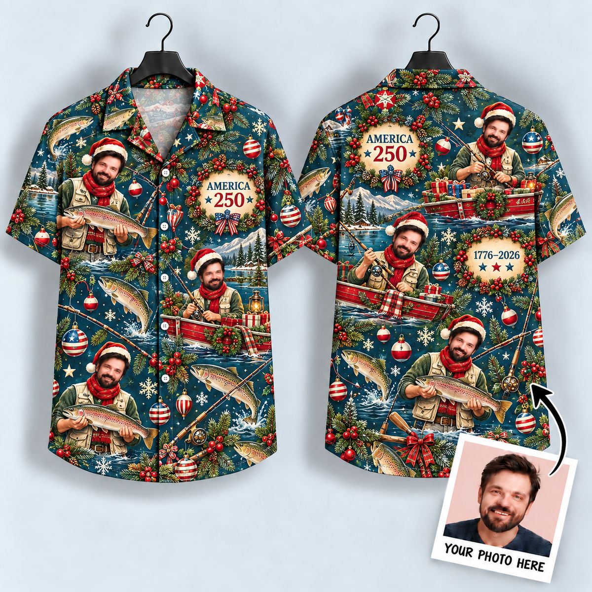 Christmas Fishing Hawaiian Shirt – America 250 Santa Angler All-Over Print
