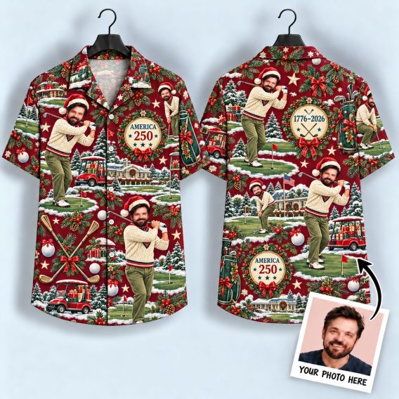 Christmas Golf Hawaiian Shirt – America 250 Santa Golfer Holiday Button-Up