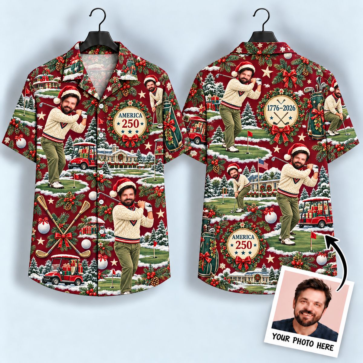 Christmas Golf Hawaiian Shirt – America 250 Santa Golfer Holiday Button-Up