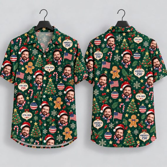 America 250 Christmas Hawaiian Shirt – Patriotic Santa Face & Holiday Pattern