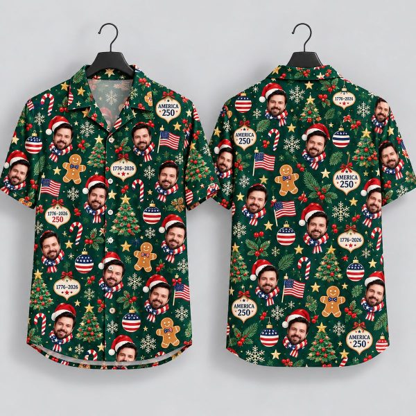 America 250 Christmas Hawaiian Shirt – Patriotic Santa Face & Holiday Pattern