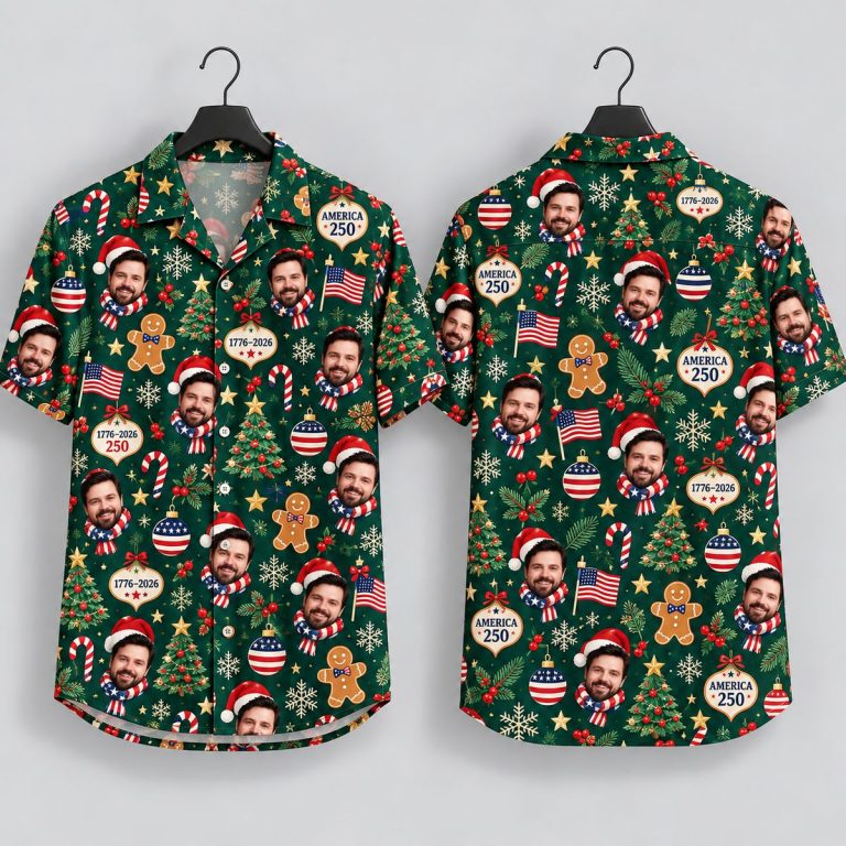 America 250 Christmas Hawaiian Shirt – Patriotic Santa Face & Holiday Pattern