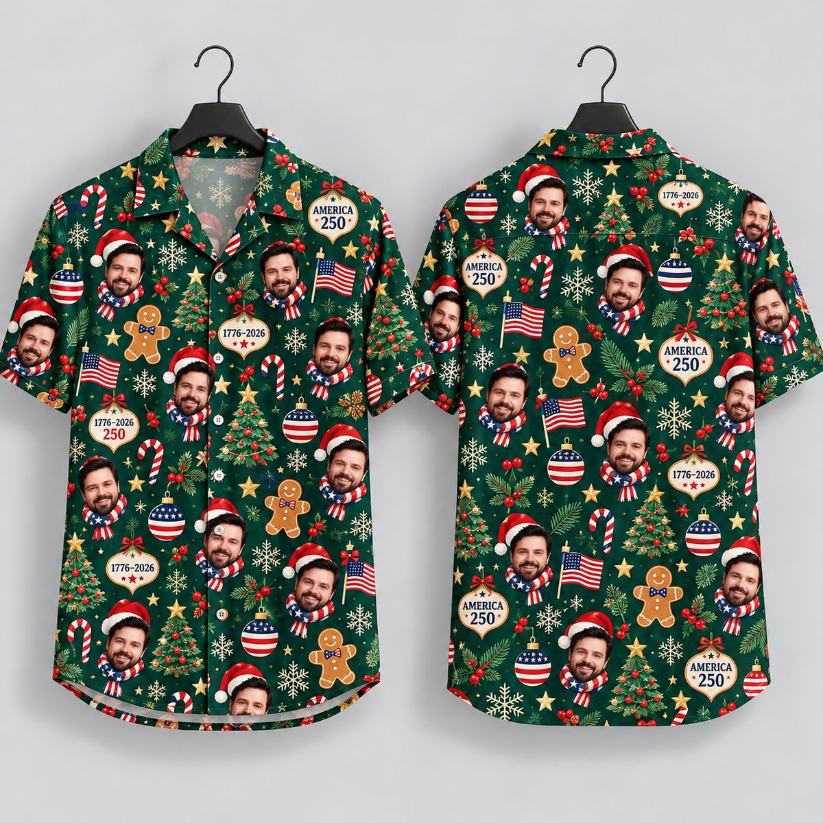 America 250 Christmas Hawaiian Shirt – Patriotic Santa Face & Holiday Pattern