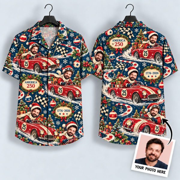 Santa Vintage Race Car Hawaiian Shirt – America 250 Christmas Motorsport Aloha Shirt