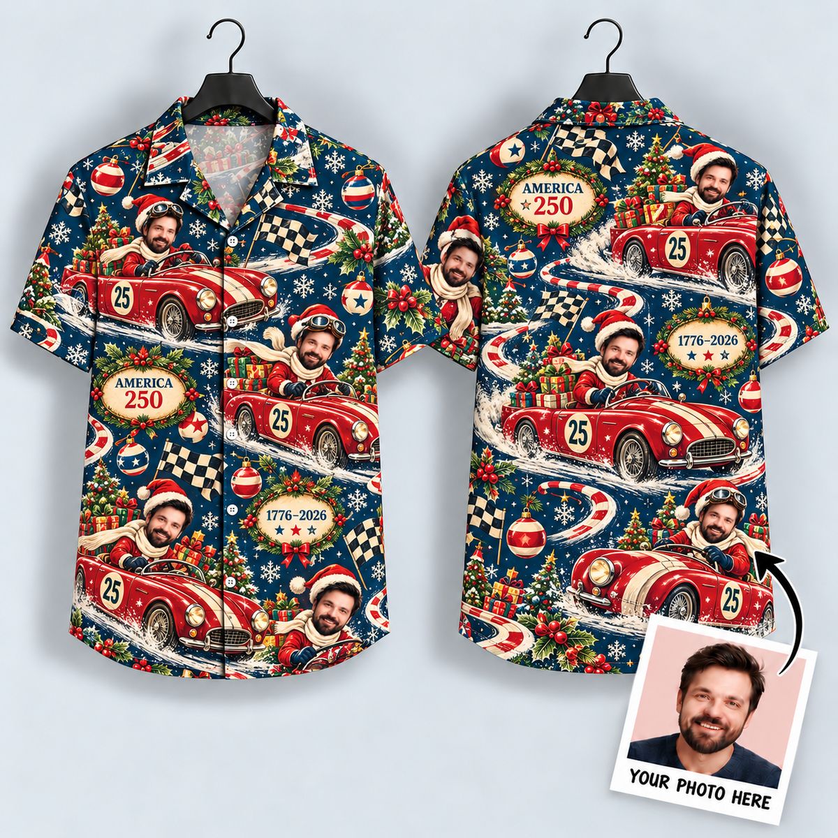 Santa Vintage Race Car Hawaiian Shirt – America 250 Christmas Motorsport Aloha Shirt