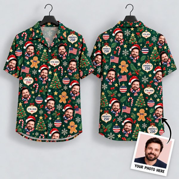 America 250 Christmas Hawaiian Shirt – Patriotic Holiday Face Print Aloha Button-Up