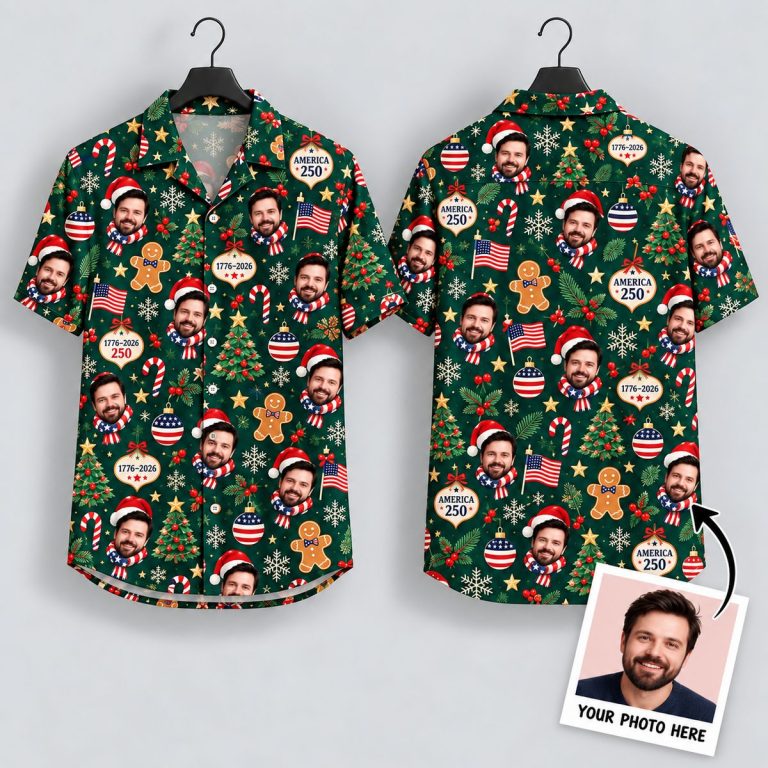 America 250 Christmas Hawaiian Shirt – Patriotic Holiday Face Print Aloha Button-Up