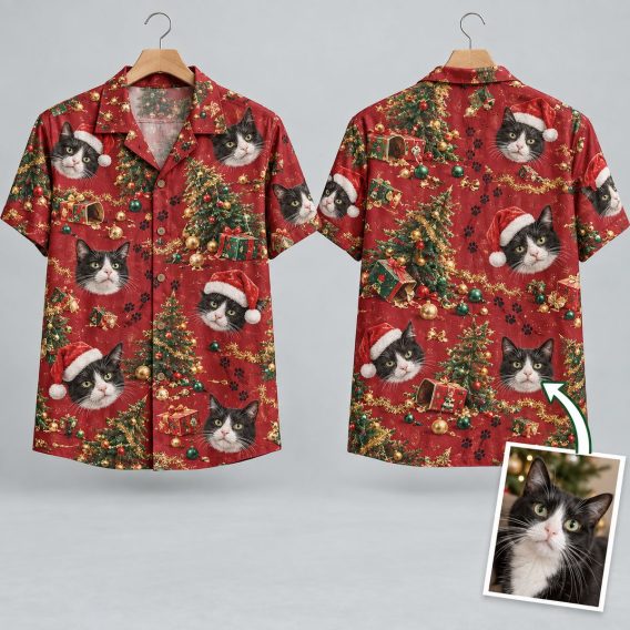 Christmas Hawaiian Shirt for Men & Women – Realistic Cat Faces with Santa Hats on Deep Red