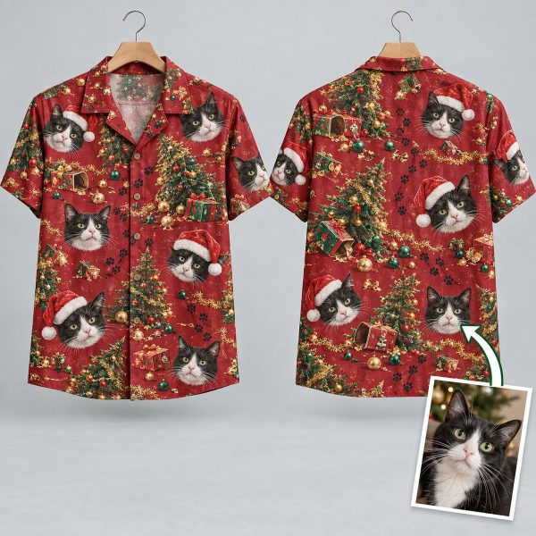 Christmas Hawaiian Shirt for Men & Women – Realistic Cat Faces with Santa Hats on Deep Red
