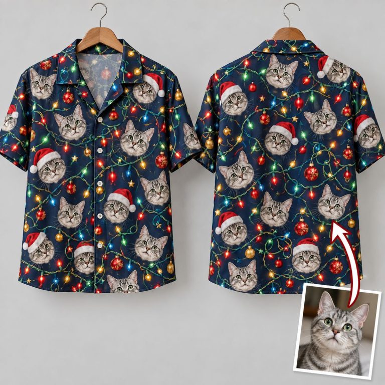 Christmas Hawaiian Shirt with Cat Faces in Santa Hats and Holiday Lights
