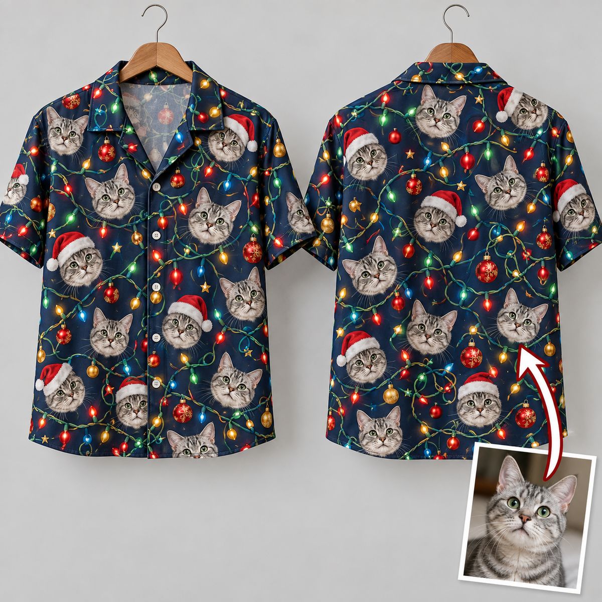 Christmas Hawaiian Shirt with Cat Faces in Santa Hats and Holiday Lights