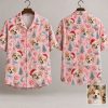 Men's Christmas Hawaiian Shirt with Dog Faces, Santa Hats & Holiday Icons on Pink
