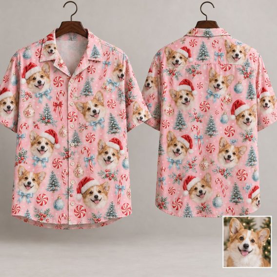 Men's Christmas Hawaiian Shirt with Dog Faces, Santa Hats & Holiday Icons on Pink