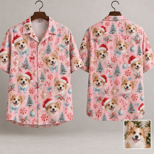 Men's Christmas Hawaiian Shirt with Dog Faces, Santa Hats & Holiday Icons on Pink