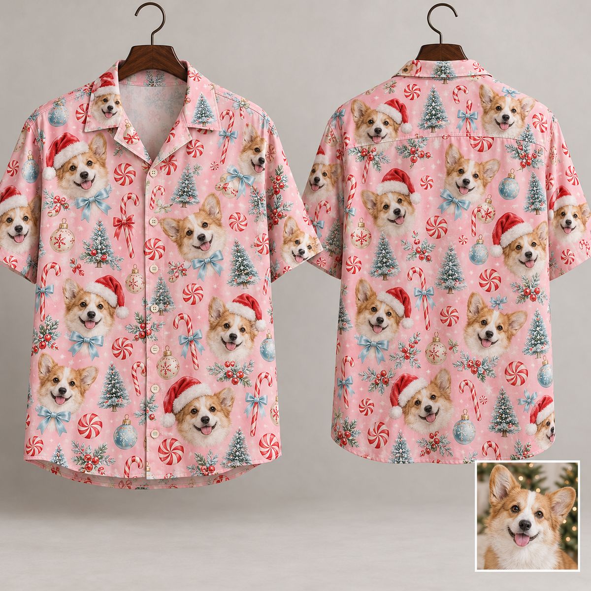 Men's Christmas Hawaiian Shirt with Dog Faces, Santa Hats & Holiday Icons on Pink