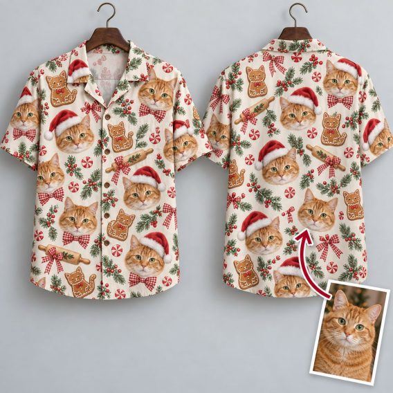 Ginger Cat Christmas Hawaiian Shirt – Santa Hat Tabby & Gingerbread Cat Holiday Button-Up