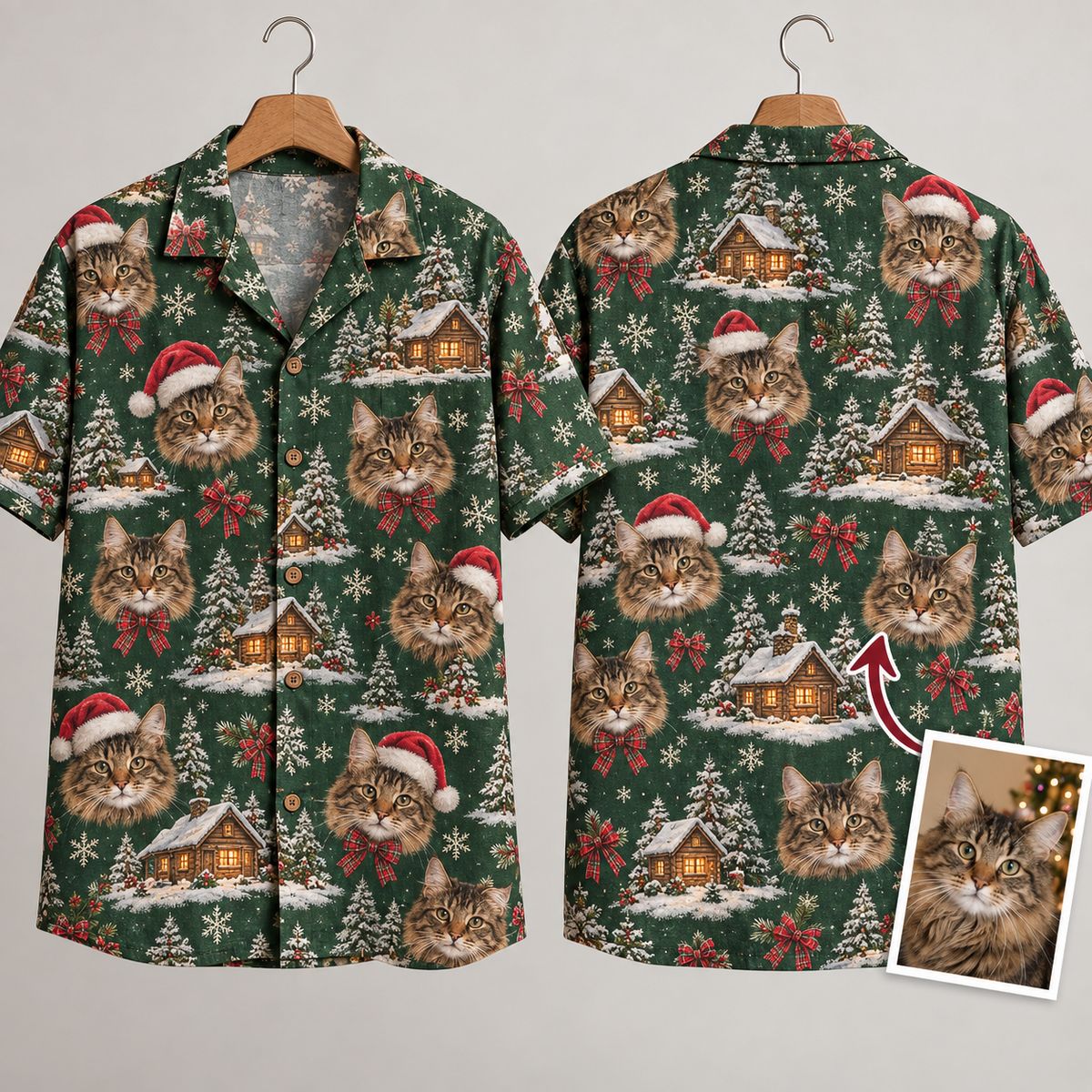 Christmas Hawaiian Shirt Mens – Tabby Cats in Santa Hats & Winter Cabins on Green