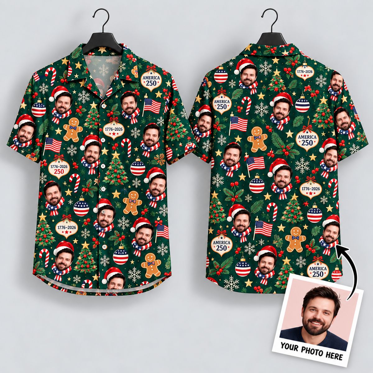 America 250 Christmas Hawaiian Shirt – Patriotic Holiday Face Print Aloha Button-Up