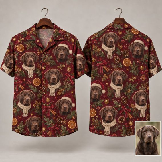 Christmas Hawaiian Shirt for Men – Realistic Dogs in Santa Hats on Deep Burgundy