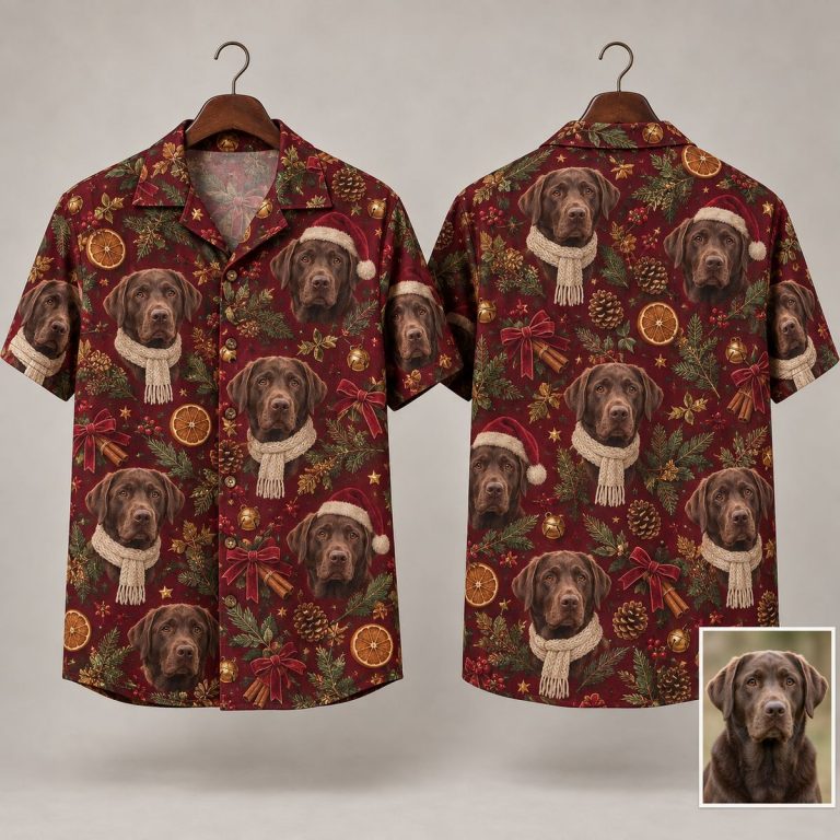 Christmas Hawaiian Shirt for Men – Realistic Dogs in Santa Hats on Deep Burgundy