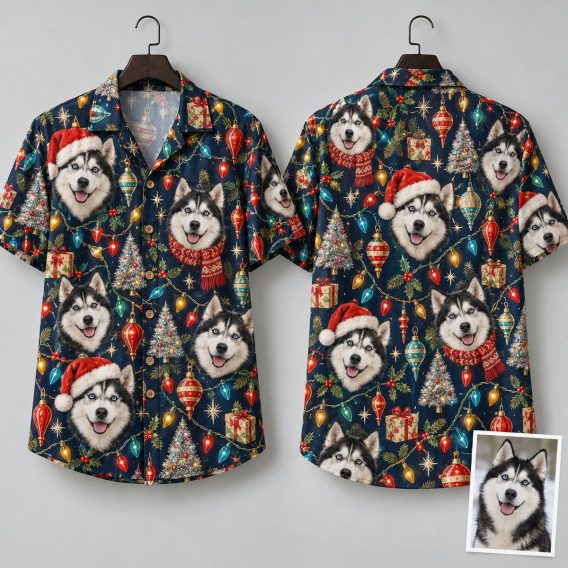Christmas Husky Hawaiian Shirt – Navy Holiday Shirt with Husky Dogs in Santa Hats