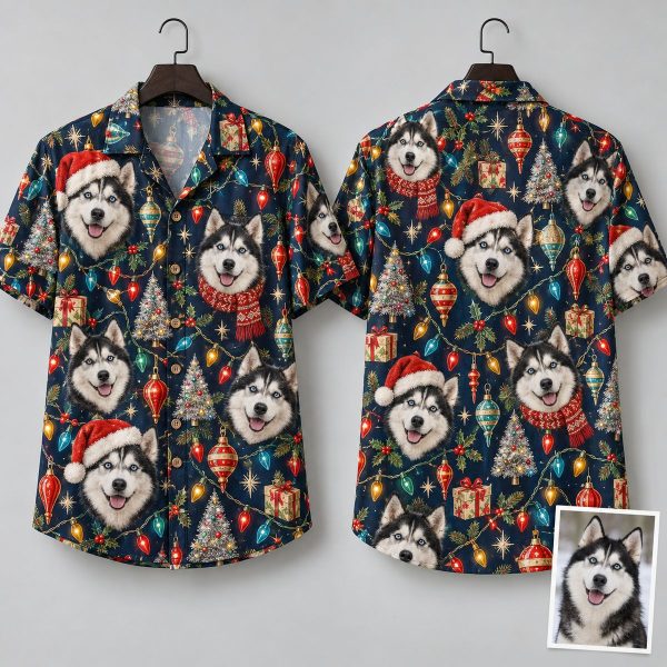Christmas Husky Hawaiian Shirt – Navy Holiday Shirt with Husky Dogs in Santa Hats