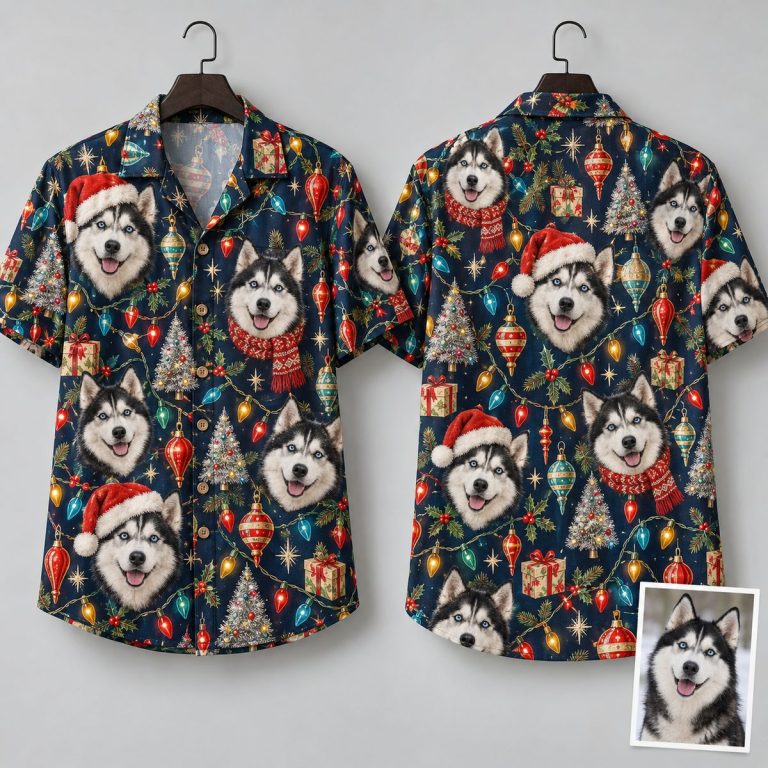 Christmas Husky Hawaiian Shirt – Navy Holiday Shirt with Husky Dogs in Santa Hats