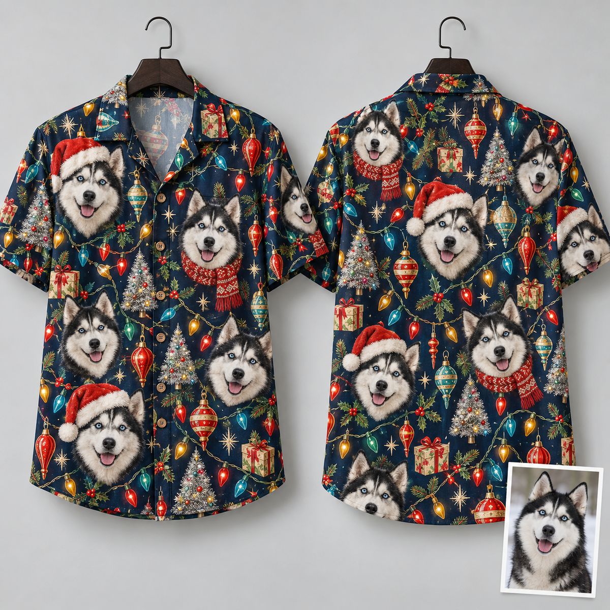 Christmas Husky Hawaiian Shirt – Navy Holiday Shirt with Husky Dogs in Santa Hats