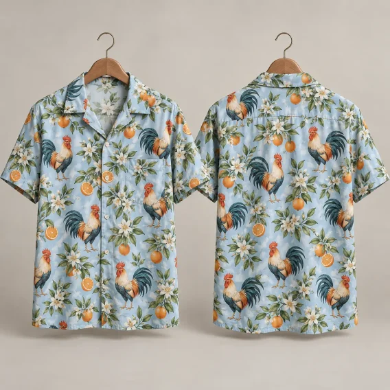 Citrus Rooster Hawaiian Shirt with Cream Flowers