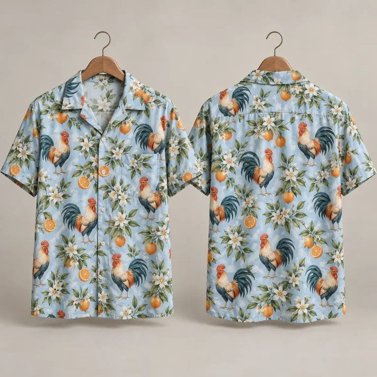 Citrus Rooster Hawaiian Shirt with Cream Flowers