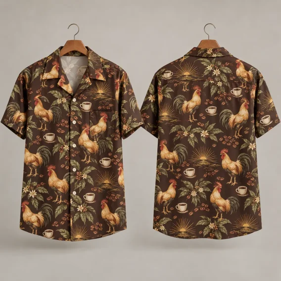 Coffee Rooster Hawaiian Shirt with Sunrise Motifs