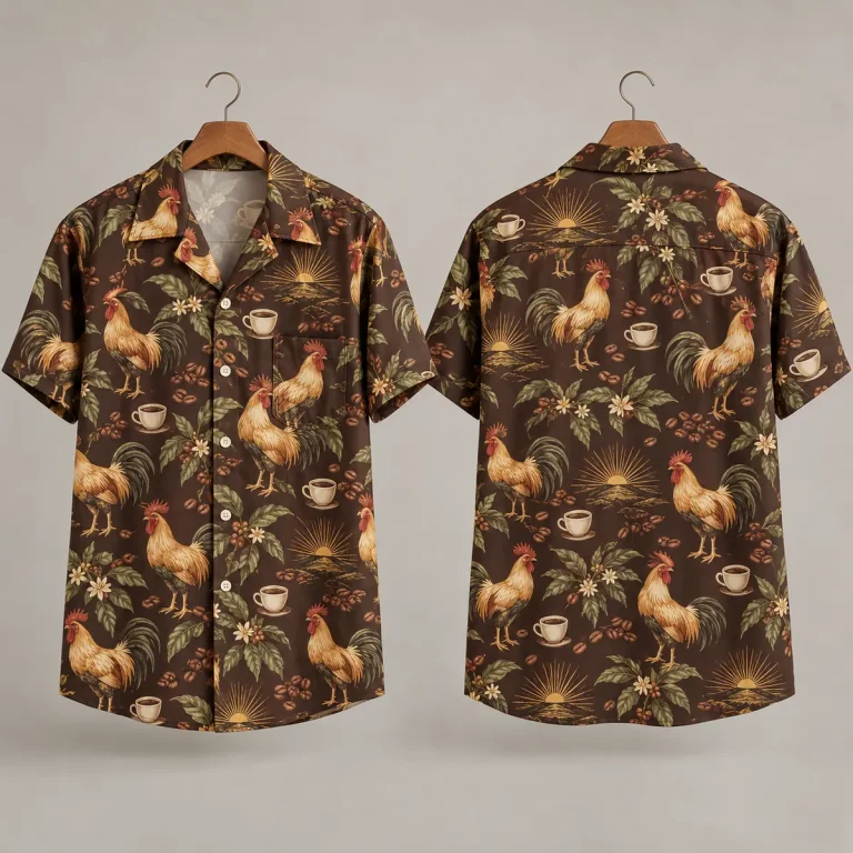 Coffee Rooster Hawaiian Shirt with Sunrise Motifs