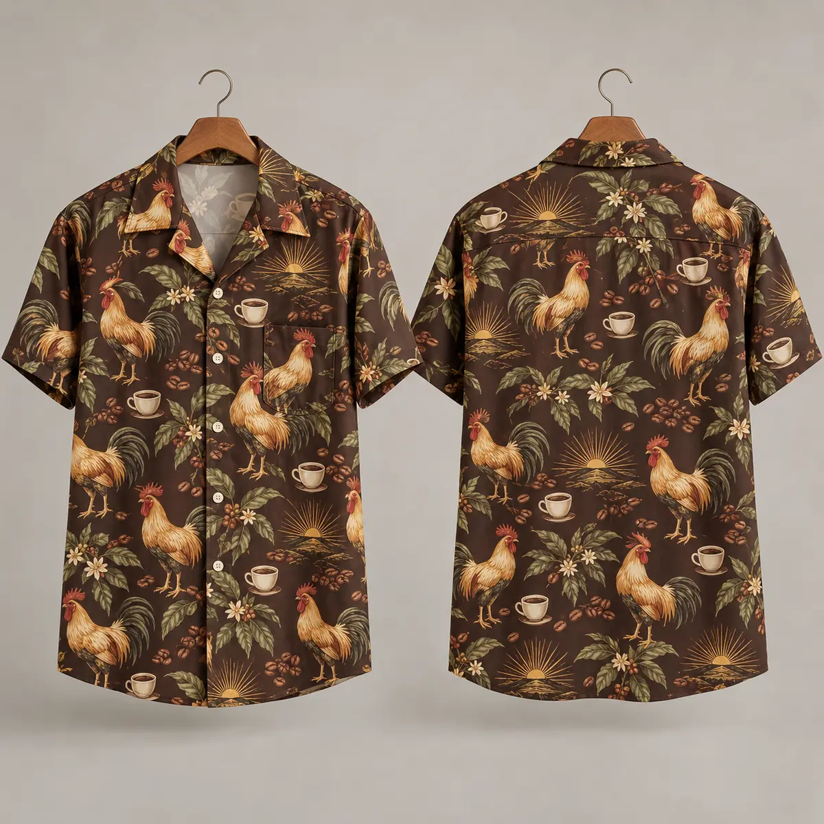 Coffee Rooster Hawaiian Shirt with Sunrise Motifs