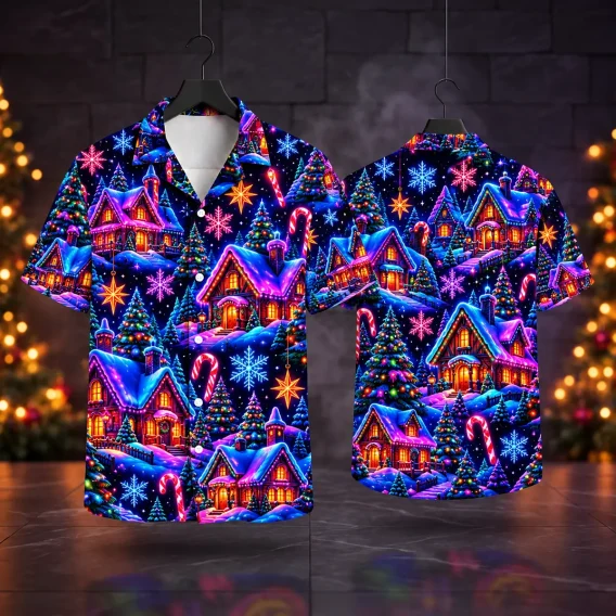 Cottage Christmas Themed Hawaiian Shirt – Neon Winter Village