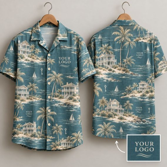 Custom Hawaiian Shirts With Logo – Coastal Houses, Palm Trees & Sailboats on Teal