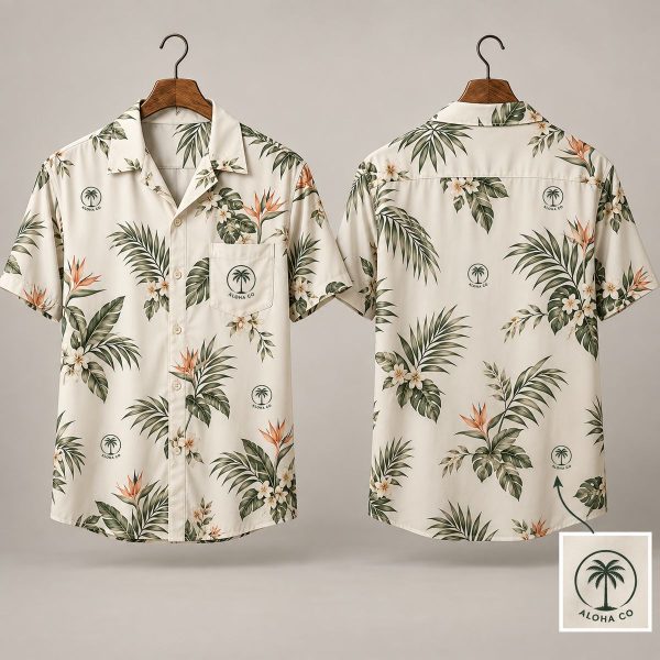Aloha Co. Palm Logo Hawaiian Shirt – Custom Logo Hawaiian Shirt with Tropical Leaf and Bird of Paradise Print