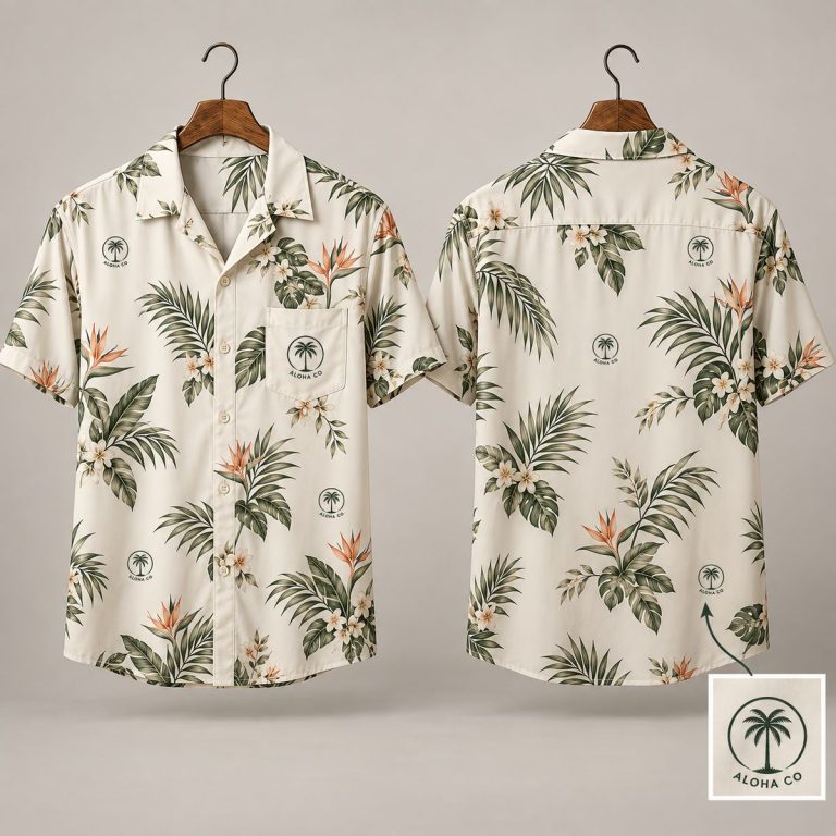 Aloha Co. Palm Logo Hawaiian Shirt – Custom Logo Hawaiian Shirt with Tropical Leaf and Bird of Paradise Print