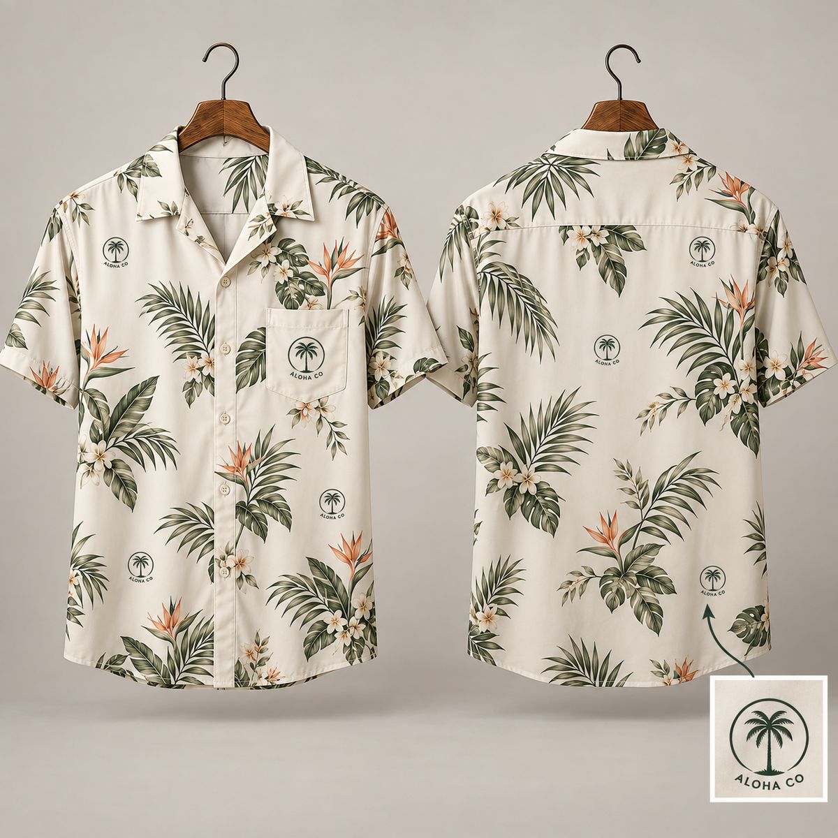 Aloha Co. Palm Logo Hawaiian Shirt – Custom Logo Hawaiian Shirt with Tropical Leaf and Bird of Paradise Print