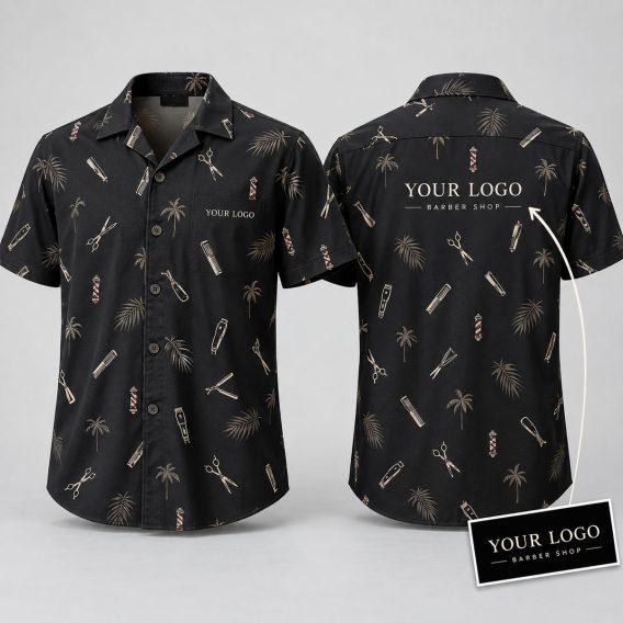 Barber Tools Hawaiian Shirt – Custom Logo Hawaiian Shirt with Scissors, Clippers & Palm Trees