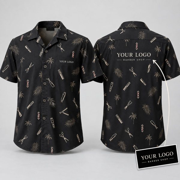 Barber Tools Hawaiian Shirt – Custom Logo Hawaiian Shirt with Scissors, Clippers & Palm Trees