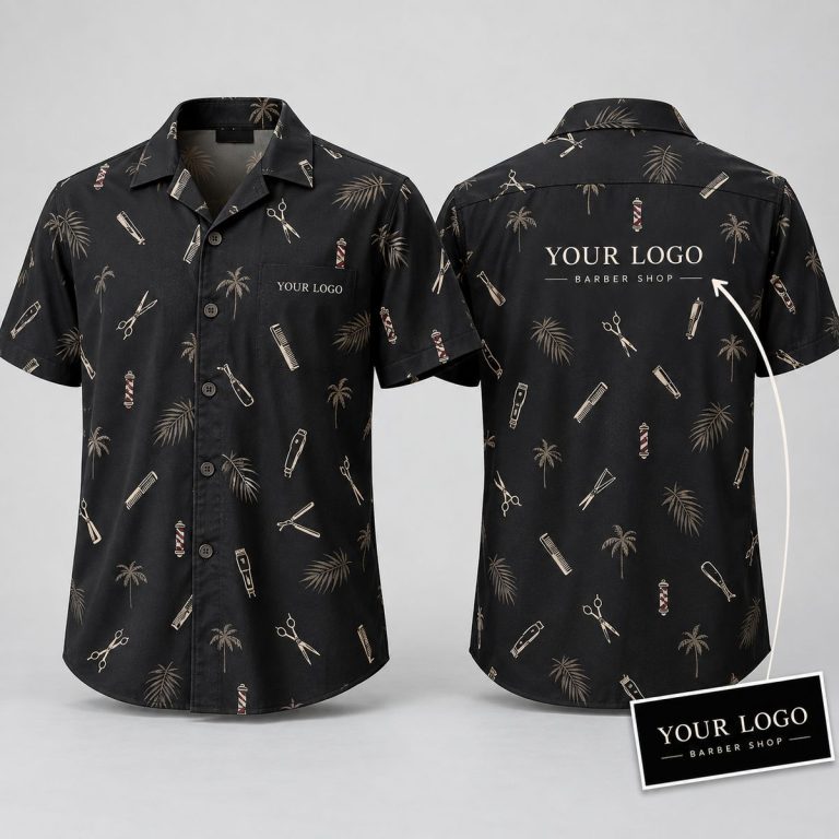 Barber Tools Hawaiian Shirt – Custom Logo Hawaiian Shirt with Scissors, Clippers & Palm Trees