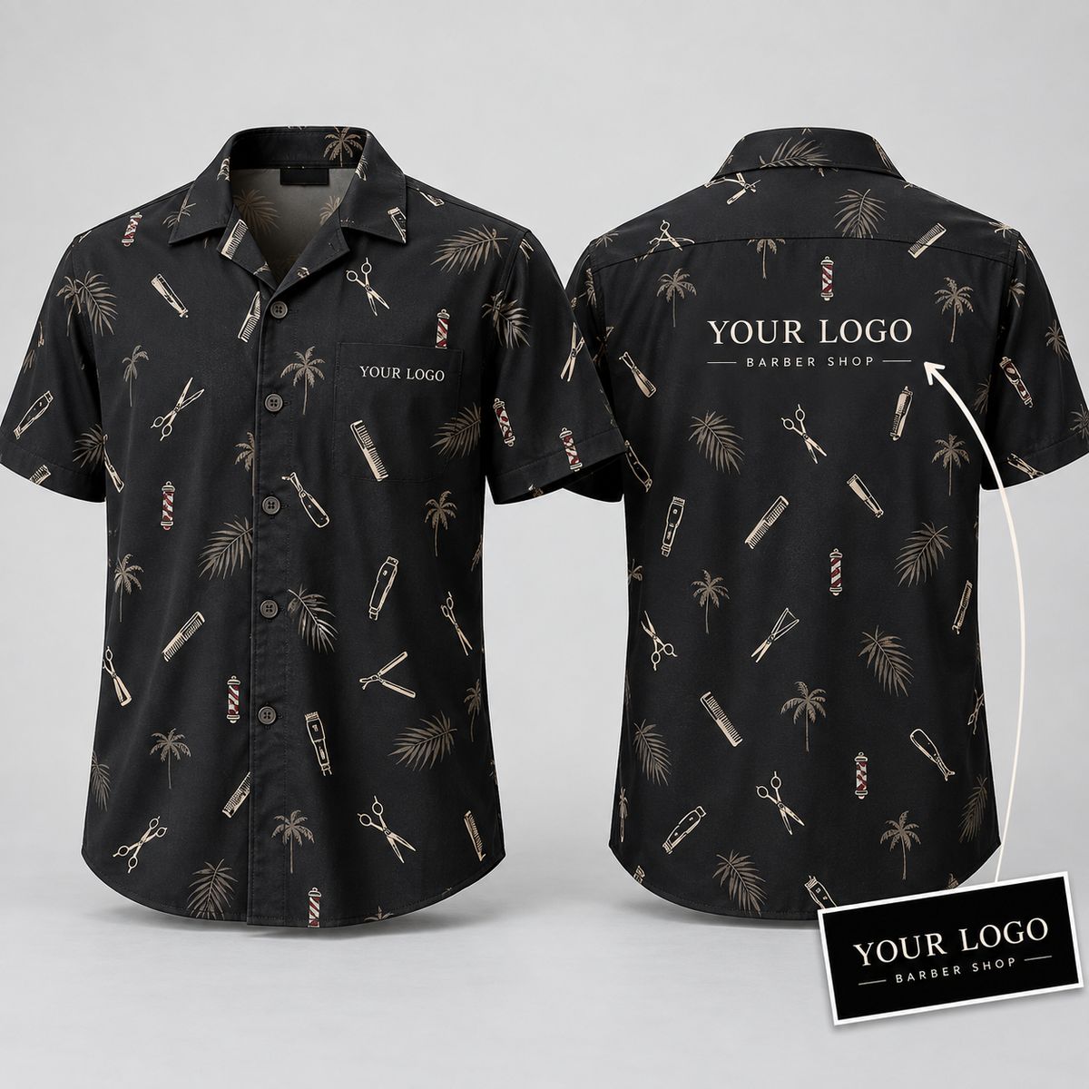 Barber Tools Hawaiian Shirt – Custom Logo Hawaiian Shirt with Scissors, Clippers & Palm Trees
