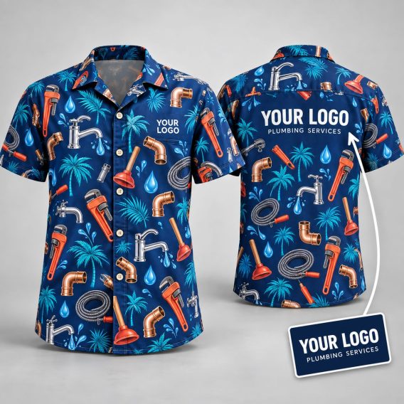 Custom Logo Hawaiian Shirt – Plumbing Tools & Tropical Pattern on Navy Blue